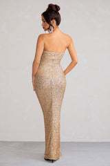 Almira | Champagne Sequin Bandeau Maxi Dress With Split Hem