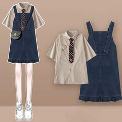 Pocket Lapel Tie Shirt Denim Overall Dress Two Piece Set