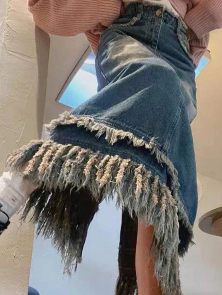 Vintage Denim Tassel Hem Split Maxi Skirt