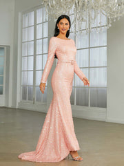 Elegant Mermaid Open Back Sequin Pink Evening Dress RH30585