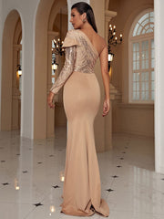 Formal One Shoulder Sequin Apricot Evening Dress XJ1548