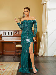 Off Shoulder Sequin Green Evening Dress RA60041