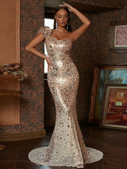 Lantern Sleeve Sequin Golden Mermaid Evening Dress XJ1899