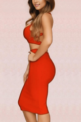 Ang Bandage Top and Knee Length Skirt Set - Lipstick Red