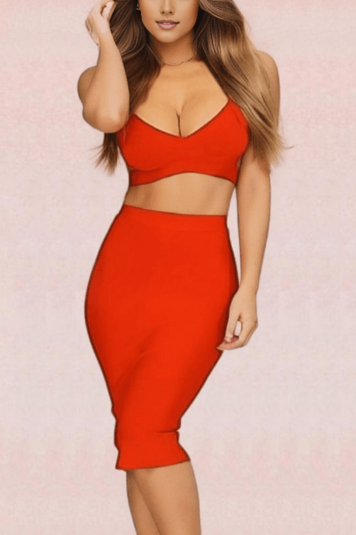 Ang Bandage Top and Knee Length Skirt Set - Lipstick Red