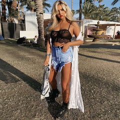 Asymmetric High Waist Cut Out Distressed Denim Shorts - Blue