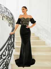 Off Shoulder Asymmetric Maxi Black Evening Dress WY104