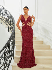 Formal Cutout V-Neck Burgundy Sequin Evening Dress RJ10537