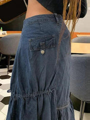 Lace Up Vintage Denim Long Skirt