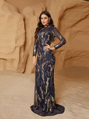 Stand Collar Long Sleeve Sequin Evening Dress RJ11001