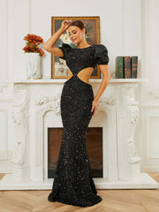 Crew Neck Backless Mermaid CutOut Short Sleeve Evening Dress RM20394