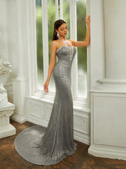 Tube Top Backless Sequin Grey Evening Dress RJ10383