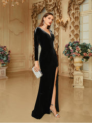 V-neck Velvet Split Black Long Sleeve Evening Dress RH30698