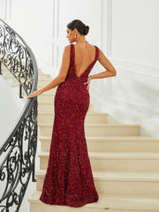 Formal Cutout V-Neck Burgundy Sequin Evening Dress RJ10537