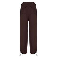 Casual Low Waist Drawstring Ruched Trim Baggy Cargo Pants - Brown