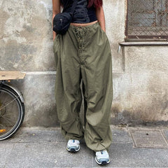 Casual Low Waist Drawstring Ruched Trim Baggy Cargo Pants - Green