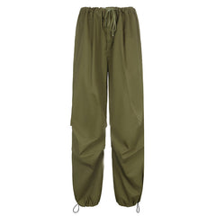 Casual Low Waist Drawstring Ruched Trim Baggy Cargo Pants - Green