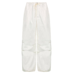 Casual Low Waist Drawstring Ruched Trim Baggy Cargo Pants - White