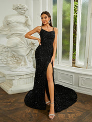 Spaghetti Open Back High Split Sequin Black Evening Dress RJ10392