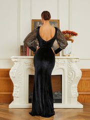 Bishop Sleeve Asymmetric Velvet Black Evening Dress RM20634