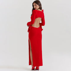 Celebrity Bow Crew Neck Long Sleeve Cutout Evening Maxi Dress - Red