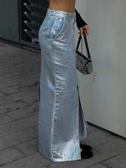 Reflective Split A-line Denim Maxi Skirt