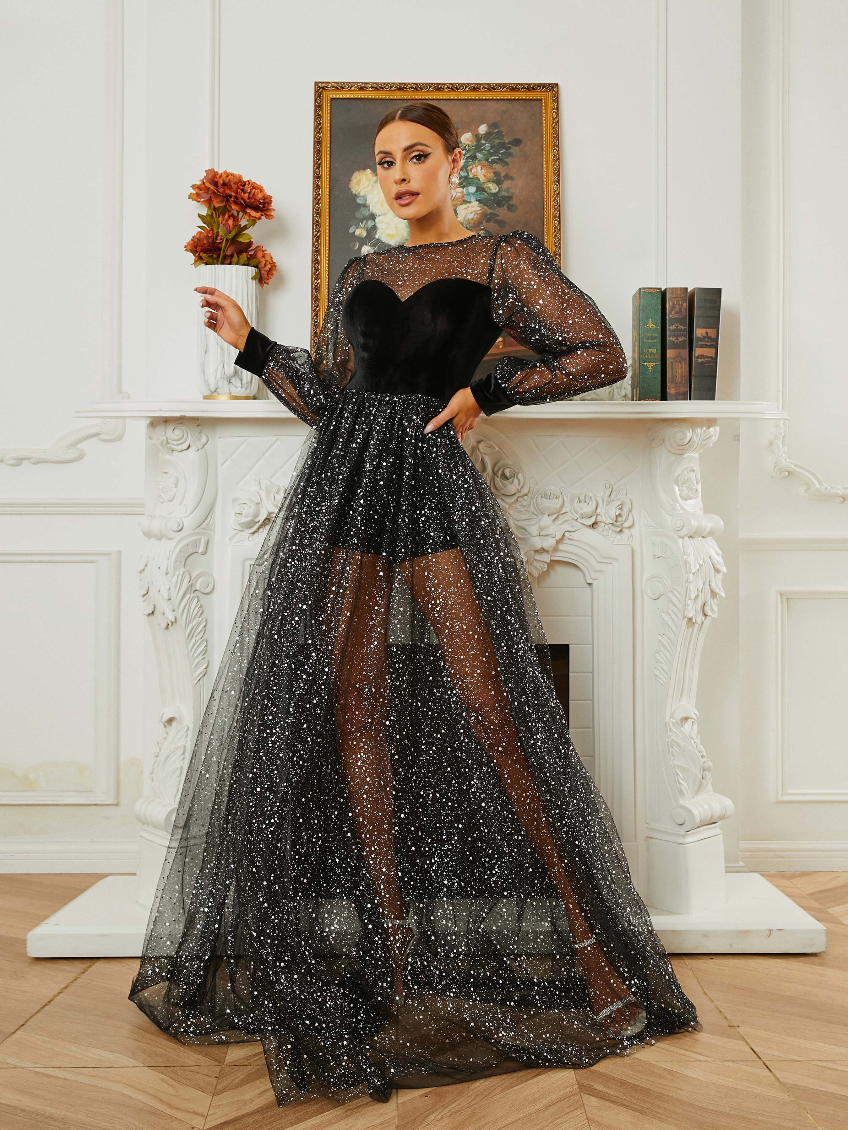 Crew Neck A-Line Panel Long Sleeve Evening Dress RH30652