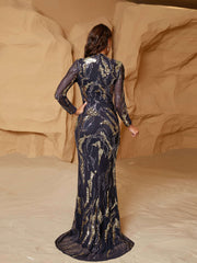 Stand Collar Long Sleeve Sequin Evening Dress RJ11001