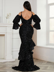 Ruffles Black Sequin Mermaid Evening Dress JMH3075