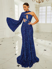 Sexy Bell Sleeve Sequin Blue Evening Dress RJ10521