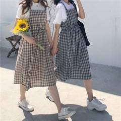 Kawaii Casual Loose Strap Plaid Dress