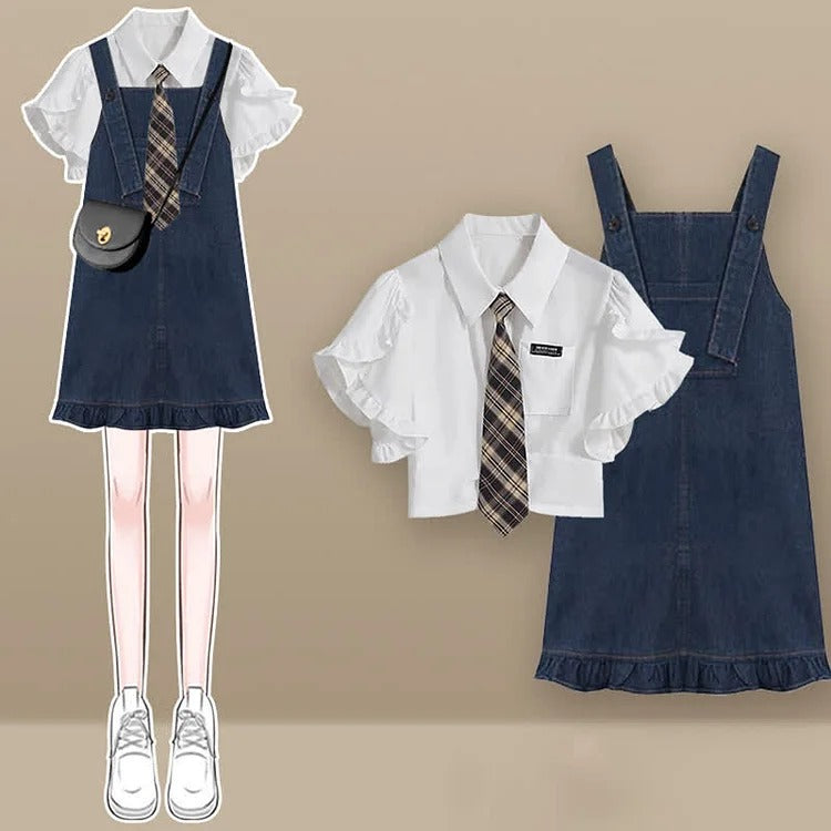 Pocket Lapel Tie Shirt Denim Overall Dress Two Piece Set