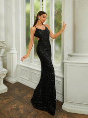 Spaghetti Strap Open Back Sequin Mermaid Black Evening Dress RJP09