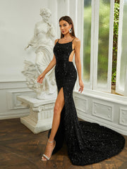 Spaghetti Open Back High Split Sequin Black Evening Dress RJ10392