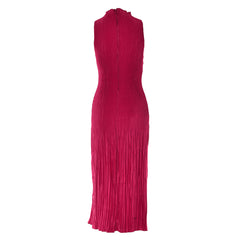 Elegant Pleated High Neck Sleeveless Party Midi Dress - Burgundy