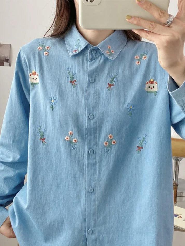 Vintage Bear Flower Embroidery Denim Blouses&Shirts