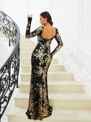 Open Back Long Sleeve Mermaid Black Evening Dress RM20850