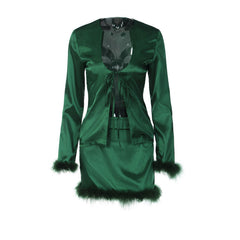 Glossy Faux Fur Tie Front Top Bodycon Mini Skirt Matching Set - Emerald Green