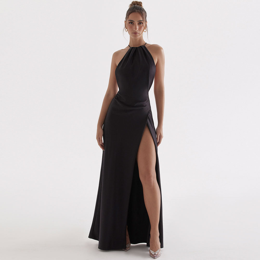 Glossy Satin High Split Sleeveless Backless Evening Maxi Dress - Black