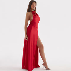 Glossy Satin High Split Sleeveless Backless Evening Maxi Dress - Red