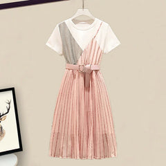 Colorblock Striped Print Round Neck Belted T-Shirt Dress