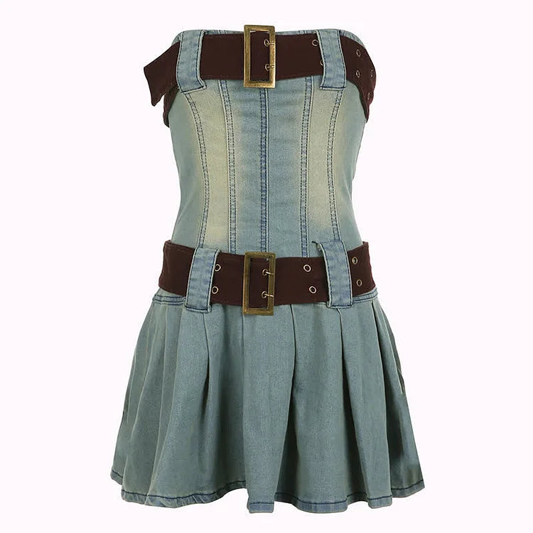 Off Shoulder Belted Pleated Denim Dress