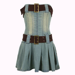 Off Shoulder Belted Pleated Denim Dress