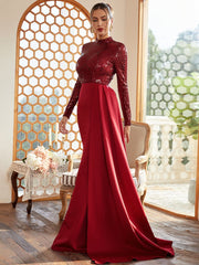 Formal Draping A-Line Long Sleeve Sequin Red Evening Dress M02153