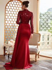 Formal Draping A-Line Long Sleeve Sequin Red Evening Dress M02153