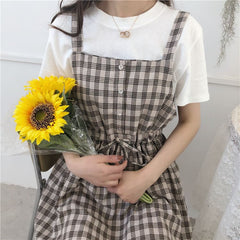 Kawaii Casual Loose Strap Plaid Dress