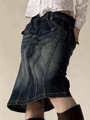 Paneled Cargo Denim Midi Skirt