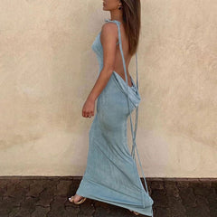 Pretty Cowl Neck Strappy Draped Backless Maxi Dress - Denim Blue