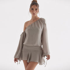 Sexy Chiffon Ruffle Hem Bishop Sleeve One Shoulder Mini Dress - Gray