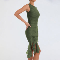 Sexy Mesh Ruched Crew Neck Sleeveless Bodycon Ruffle Cocktail Midi Dress - Army Green